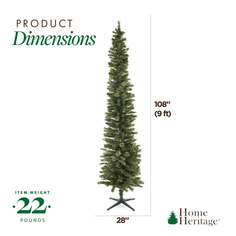 Home Heritage 9 Foot Pre-Lit Artificial Stanley Pencil Christmas Tree With Stand