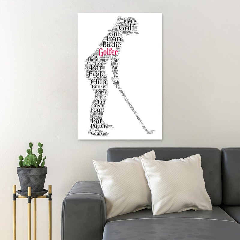 Fille avec golf sur fond blanc - Golf, fer, oiseau - reproduction d'art graphique rectangulaire sur toile tendue