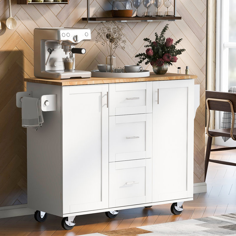 Îlot de cuisine spacieux avec support interne - 3 tiroirs, 2 tablettes coulissantes, support, blanc, bois d'hévéa, P 43 po pour chariots à efficacité 