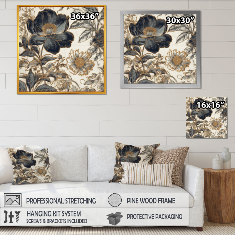 Blue Gold Peony Symphony I, reproduction d'art sur toile, H 24 po x l 24 po x P 1 po, Cadre argenté flottant