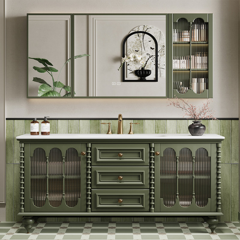 Armoire de salle de bain de style français rétro, Vert, H 32,28 po x l 62,99 po x P 21,65 po