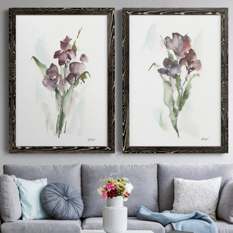 Plum Bouquet I - Ensemble de 2 reproductions d'art, H 37,5 po x l 55 po x P 1,5 po, Toile avec cadre noir, Pas de tapis