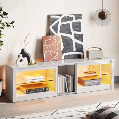 160cm High Gloss Tv Stand For up to 70", Gaming Entertainment Center, Led Tv Cabinet With Glass Shelves For Living Room