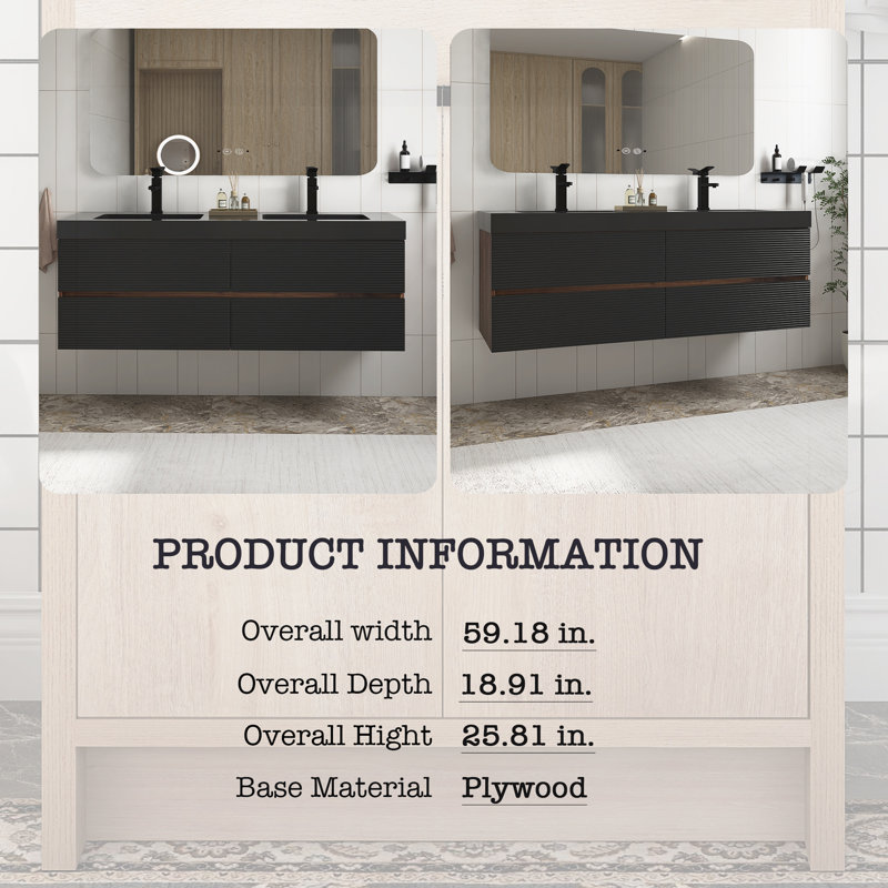 Meuble-lavabo moderne en noyer de 60 po avec lavabo en quartz d'ingénierie noir mat et tiroirs noirs, meuble-lavabo mural flottant