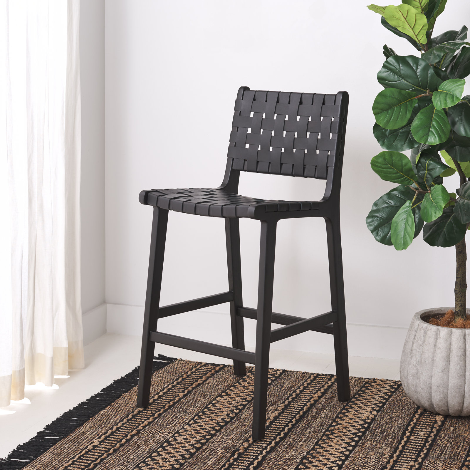 Alston Leather Bar and Counter Stool, Counter Stool (27.16" Seat Height), Black Leather/Black Frame