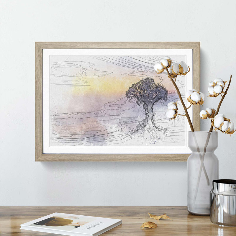 Tree Reflecting upon the Lake in Abstract - Framed Print, 60cm H x 91cm W x 2cm D, Oak