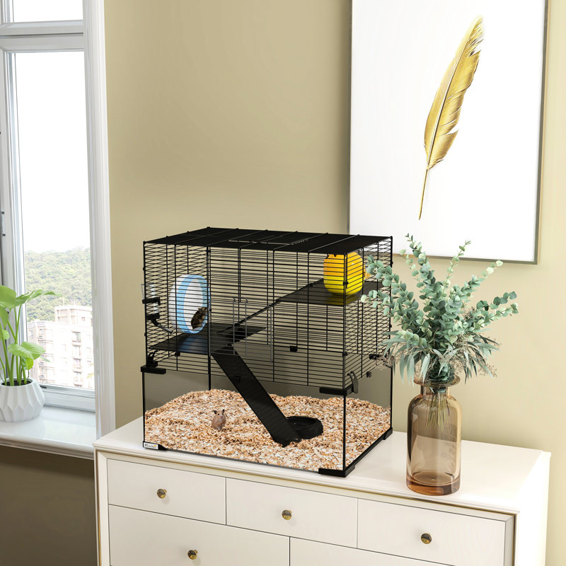 Hamster noir de 23,5 po avec structure en acier, bassin en verre, rampes, plateformes, cabane, roue d'exercice pour petits animaux de compagnie, acier, stable