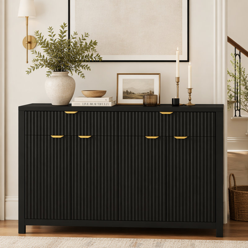Buffet moderne scandinave, armoire de rangement à motif de vagues avec 2 tiroirs et 4 portes réglables pour le salon, Noir