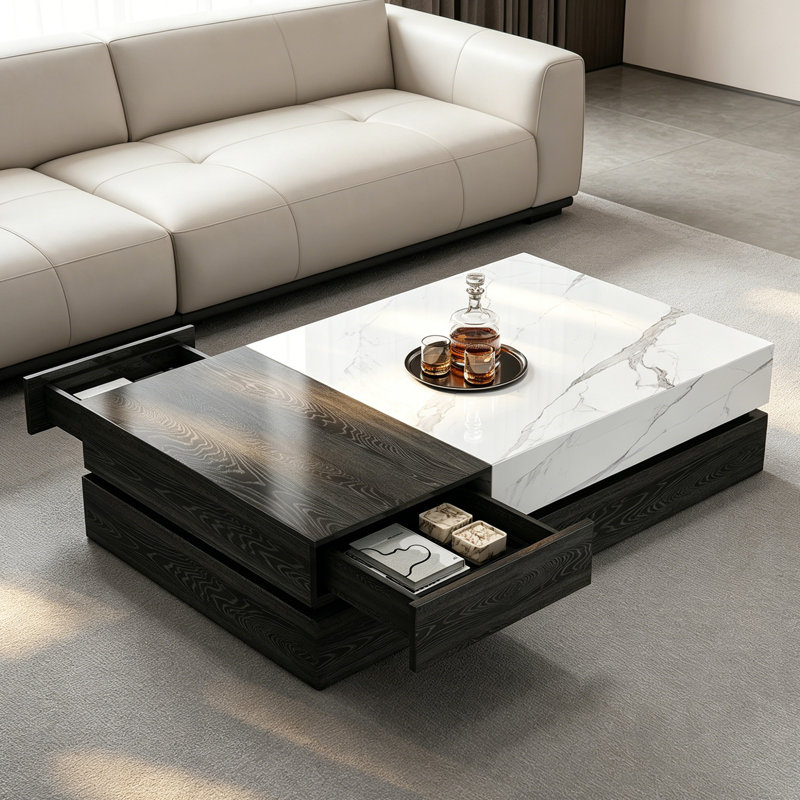 Table basse Minimalisme, White/Tan, 15.35" H x 51.18" L x 27.55" W