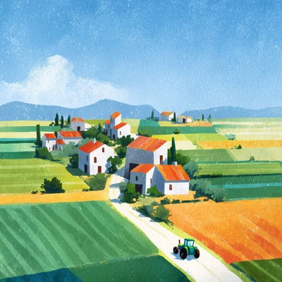 «Sunlit Patchwork Village», art mural sur toile tendue