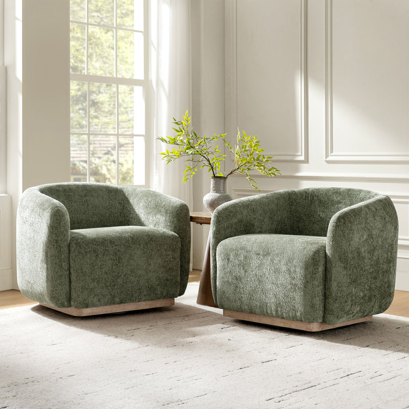 Berklie 35"W Modern Boucle Chenille Swivel Armchair With Solid Wood Base, Moss