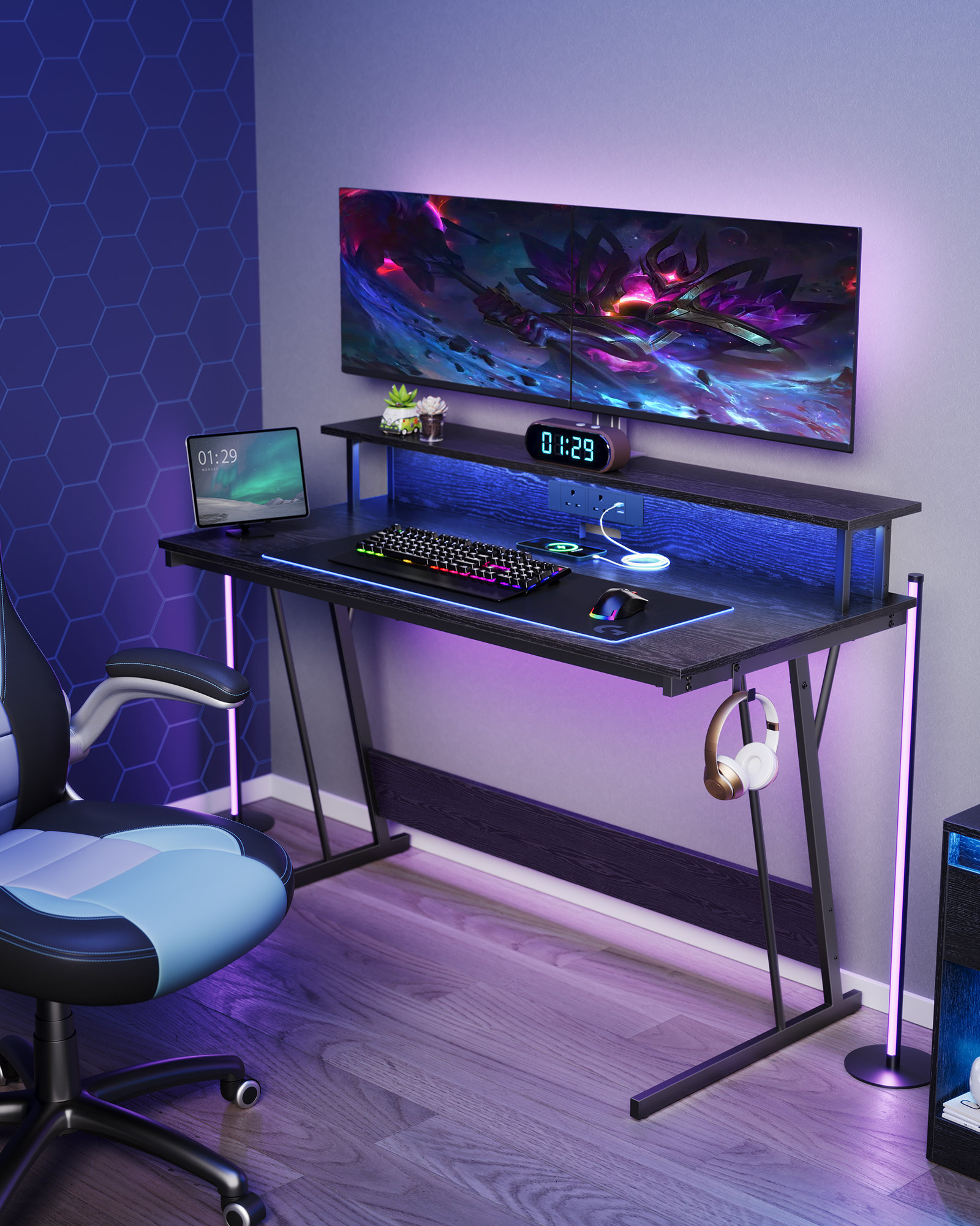 Metro Lane Gaming Desk With LED Lights And Built-In Power Outlets ...