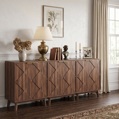 Buffet moderne de style Mid-Century, 240 cm de largeur, portes à motif losange, meuble de rangement à 2 portes pour salon, cuisine et entrée.