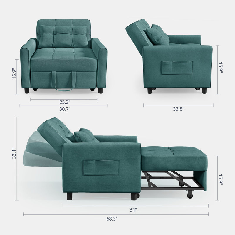 3-in-1 Convertible Accent Chair , Pull-Out Upholstered Sleeper Sofa Bed with Accent Pillow, Green Linen Blend