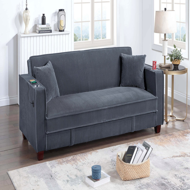 Contemporary Style 1pc Convertible Sofa Square Arms Built In Cup Holders Hidden Storage Matching Throw Pillow Usb Port Dark Gray Finish Primary Living Room