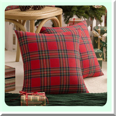 Plaid Farmhouse Holiday Pillow Covers - Set of 2 Scottish Tartan Cushion Cases in Red and Green, Decorative Home Accent