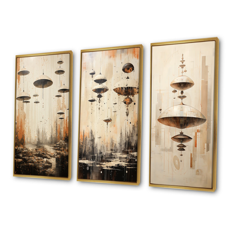 Minimalisme Ufos - Ensemble de 3 impressions sur toile Ufos, Cadre flottant doré, H 32 po x l 48 po