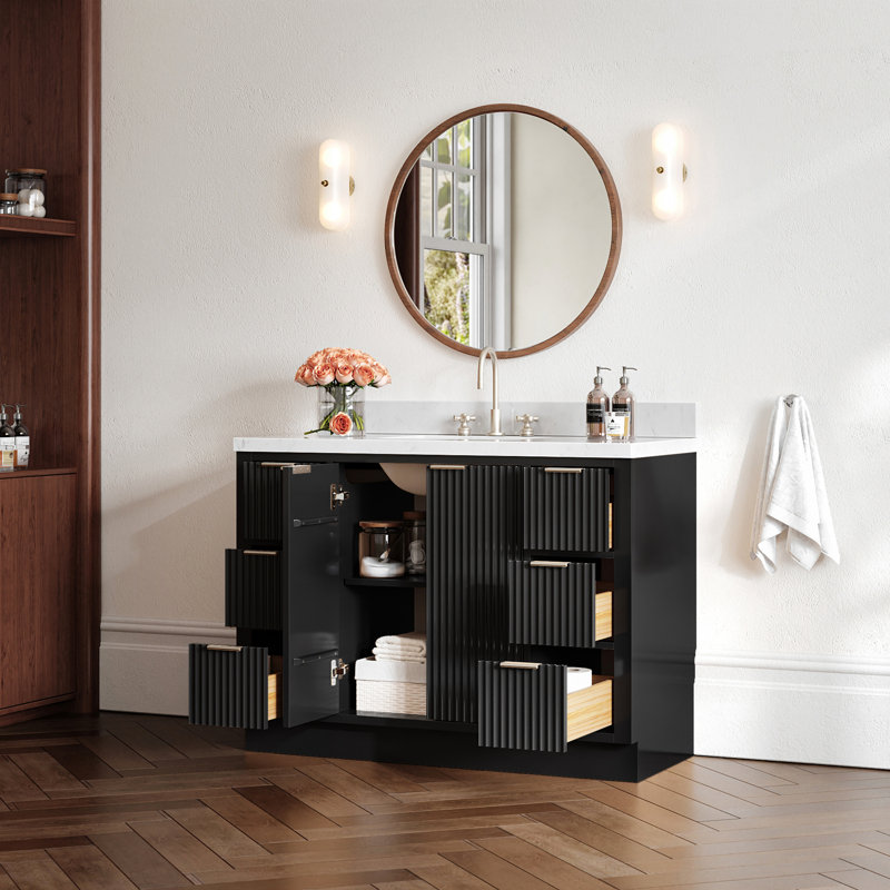 Meuble-lavabo simple en bois massif de 48 po avec comptoir en quartz noir de 1,5 po Haun de Haun, lavabo rectangulaire, 48"