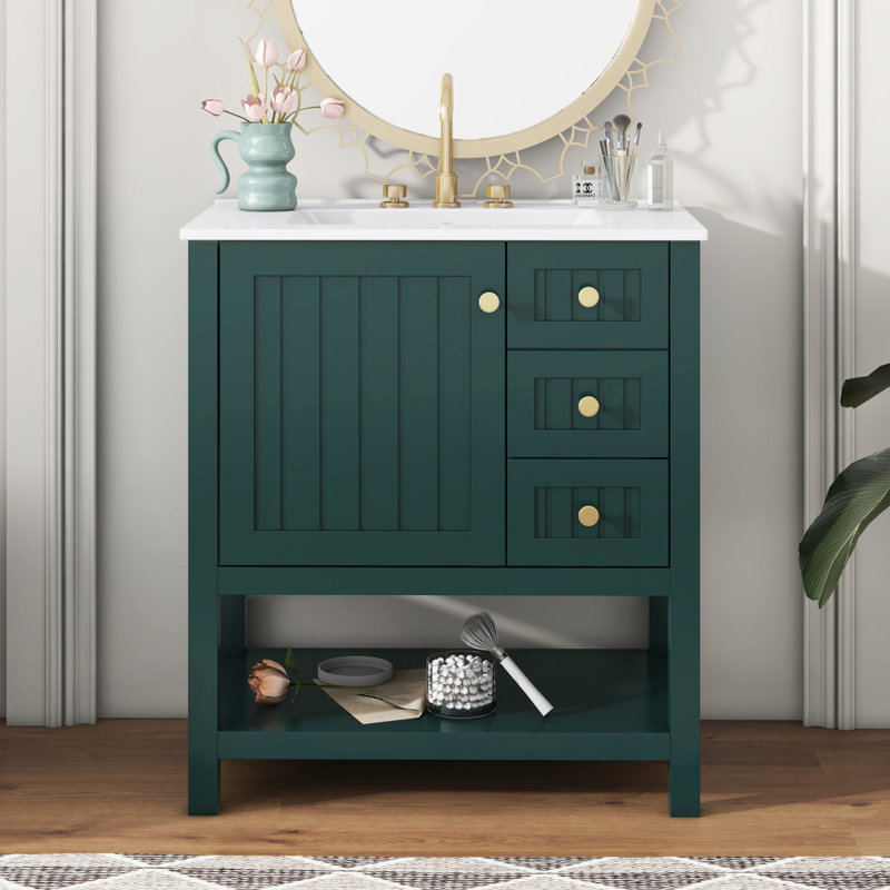 Nazhir Transitional Vanity Combo -30" Transitional Bathroom Cabinet with Ceramic Sink, Dark Green