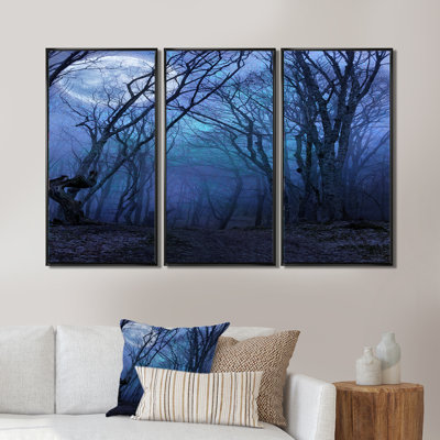 «Dark Night Forest In Full Moon», ensemble d'art mural sur toile encadré paysage