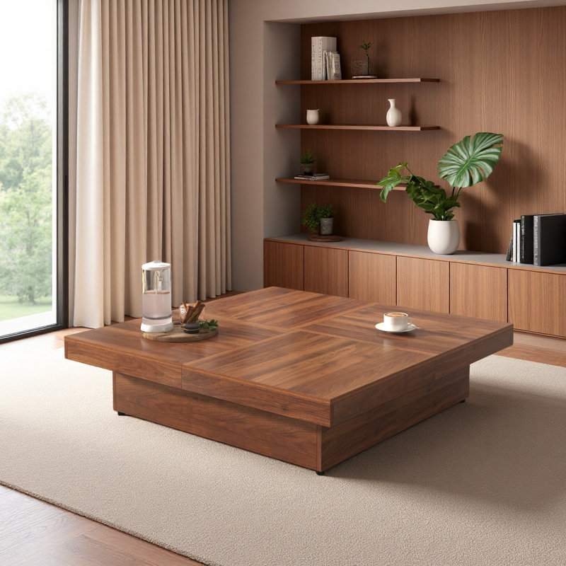 Table basse carrée en placage à plateau coulissant avec rangement en grain de bois 39,4 po, Walnut
