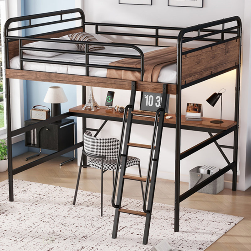 Lit mezzanine double en métal avec bureau, lumière DEL et station de charge pour la vie moderne