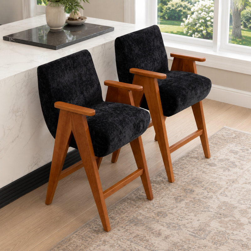 Counter Height Upholstered Bar Stool With Armrests And Solid Wood Legs, Black