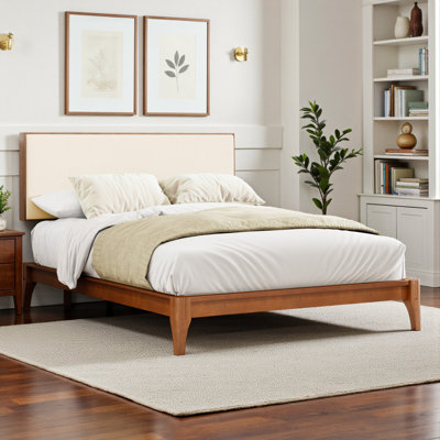 Wood Platform Bed Frame With Linen-Upholstered Adjustable Headboard