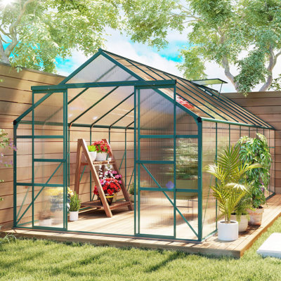 Ensemble de serre de jardin en polycarbonate en aluminium 16 po x 8 po avec évent de toit réglable, gouttière et porte coulissante pour l'hiver, transparent
