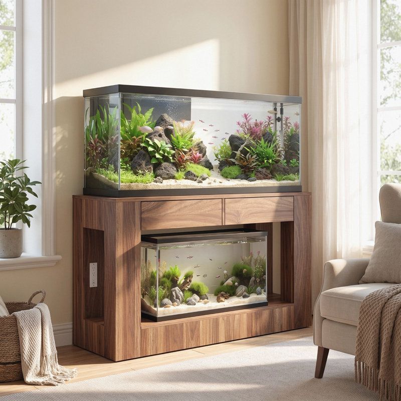 Support d'aquarium Farmhouse 55 à 90 gallons avec prise de courant, support d'aquarium en bois avec 2 tiroirs, support de réservoir de reptile robuste à 2 niveaux, capacité de 1000 lb