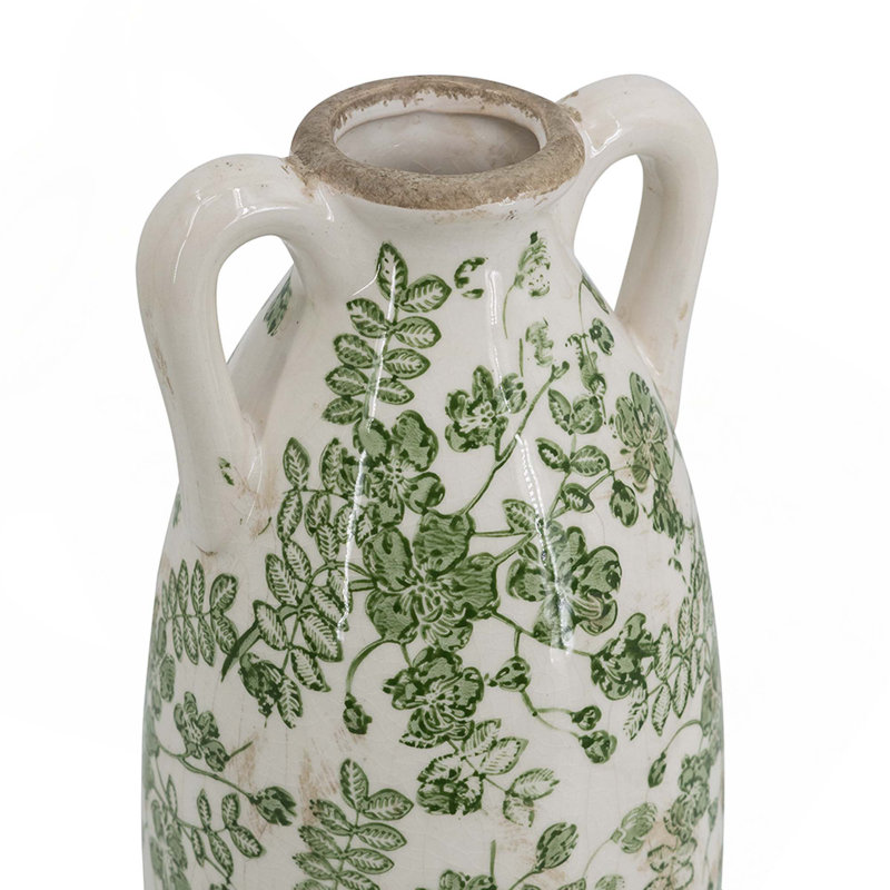 Vase à fleurs en céramique blanche avec motif floral vert et petites poignées, H 13,8 po x l 5,1 po x P 5,1 po, Blanc / Vert