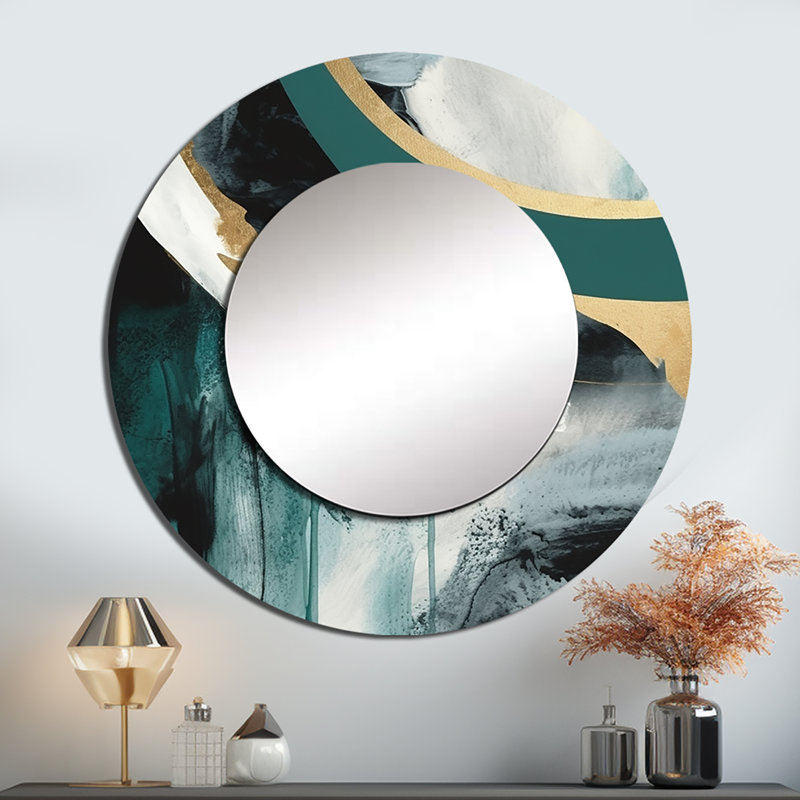 Philisha Gold And Green Geometric Enchantment II - Marble Large Mirror, Modern Round Unique Wall Mirror Decor, Printed Metal Art