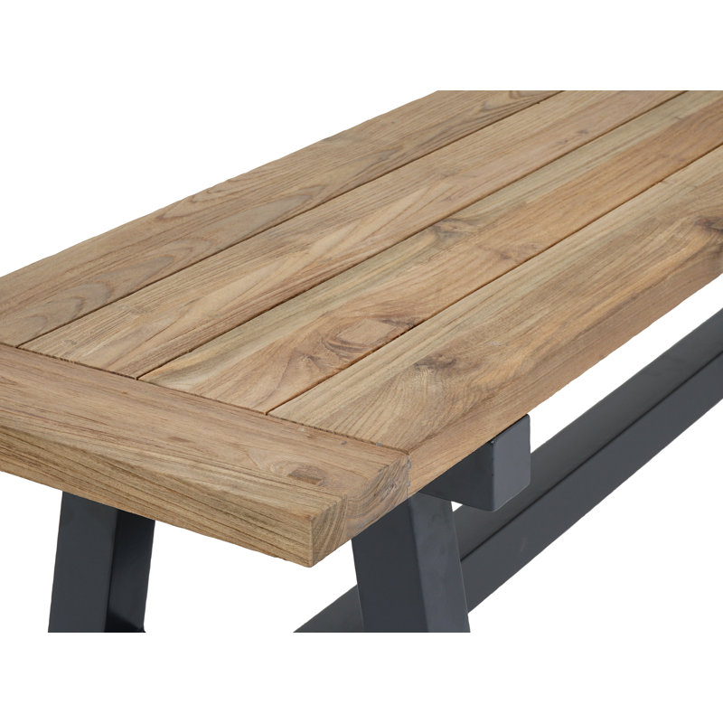 Morones Rectangular Outdoor Bench in Solid Reclaimed Teak with Picnic Style Black Aluminum Legs
