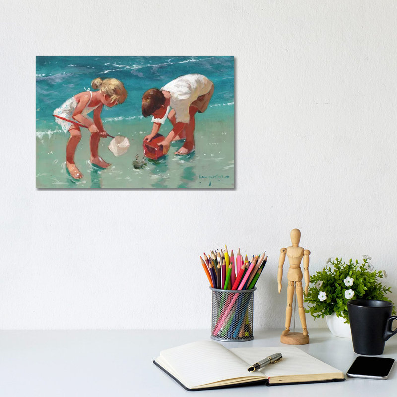 «Kids and Crab» par John Haskins - reproduction d'art, H 8 po x l 12 po x P 0,75 po, Toile tendue