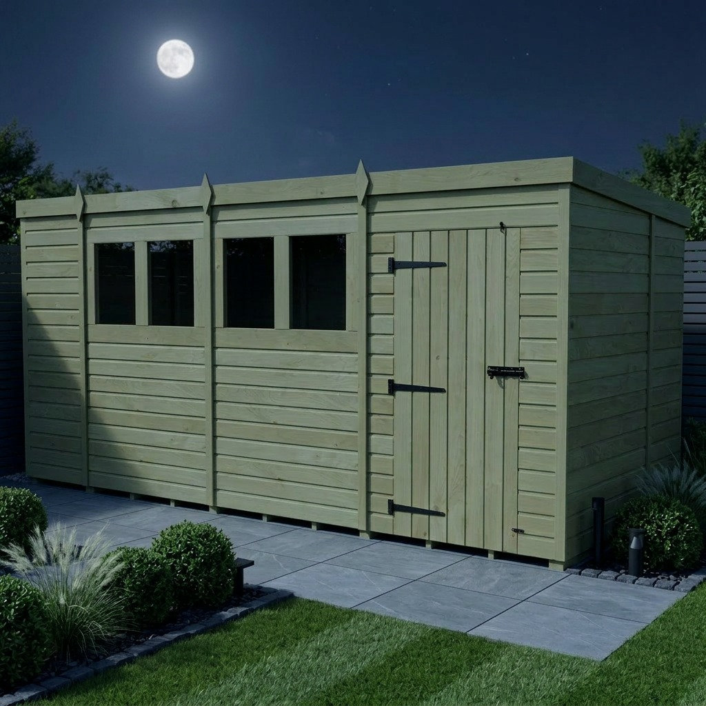 Total Sheds 14ft x 7ft Pent Garden Shed - Single Door - With Windows - Pressure Treated Timber - UK Manufactured