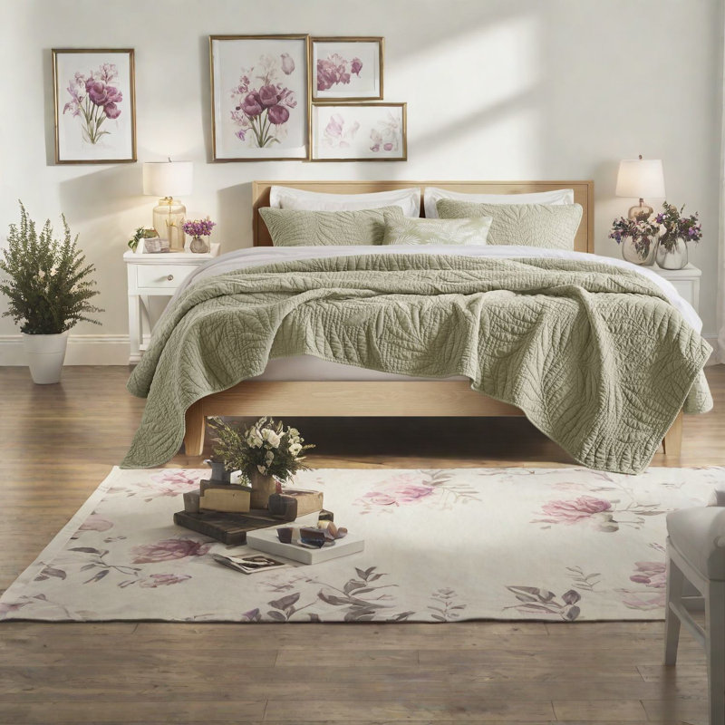 Breathable Cotton King Bedding Sets, Modern Sage Quilt For Home