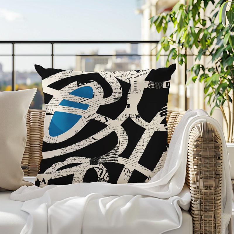 Oreiller carré réversible intérieur / extérieur Kaya, Turquoise / noir / blanc cassé abstrait, H 15 po x l 15 po