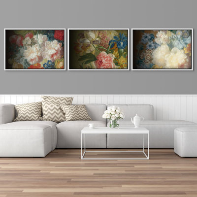 Rustic Floral " Dark Colorful Flower Bouquets Rustic Classical Floral Botanical " 3 - Pieces