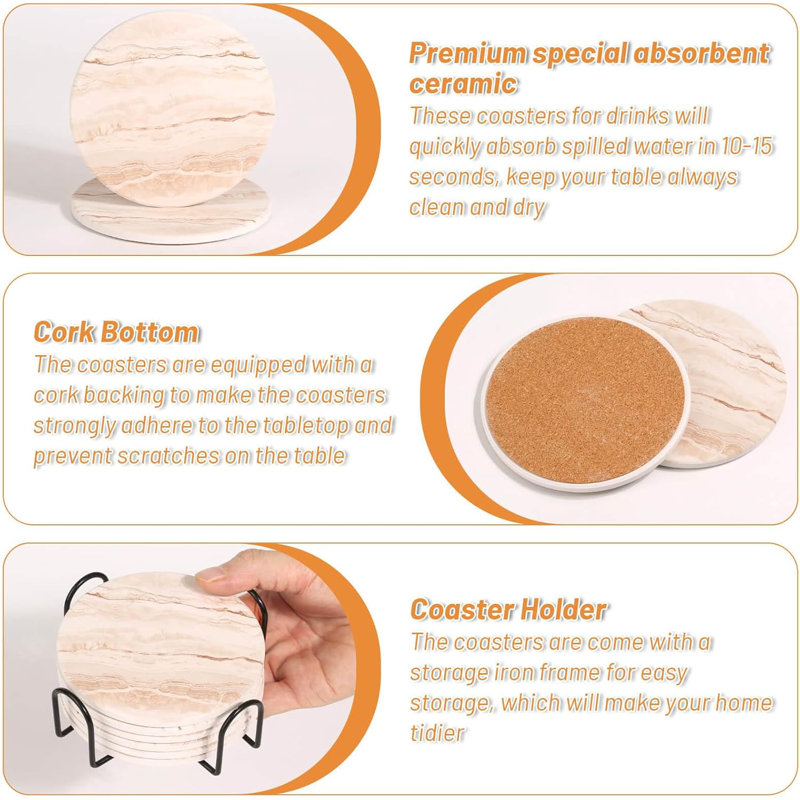 Ensemble de 6 sous-verres absorbants pour décor de table basse Drink Coasters