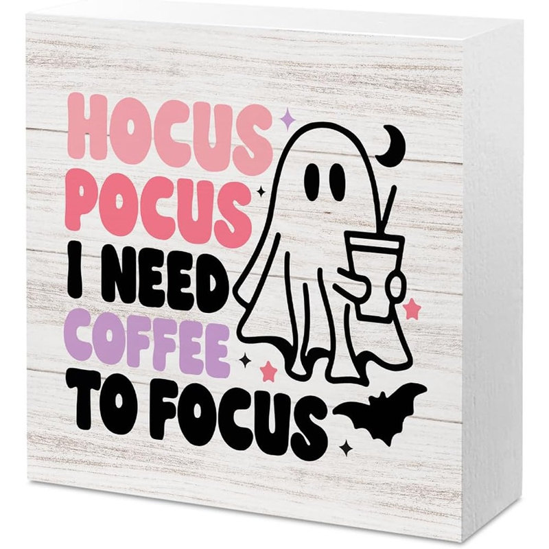Panneau en bois Hocus Pocus Coffee – Décoration de table amusante pour l'Halloween, idéale pour un bar à café, un bureau ou la maison.