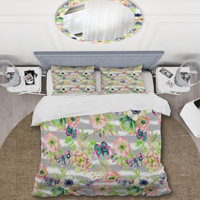 Floral rose et feuille verte - ensemble de housse de couette floral - polyester microfibre