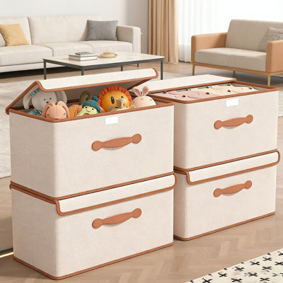 5 Pack Fabric Foldable Storage Bin Cube Organizer Basket with Flip-Top Lid & Handles, Clothes Blanket Box for Home, Office, Closet, Beige