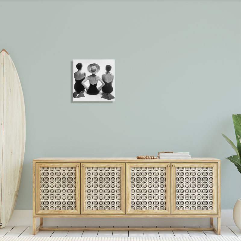 Women Sitting Beach Monochrome Vintage Swimsuits Flippers  Stretched Canvas Wall Art by Graffitee Studios