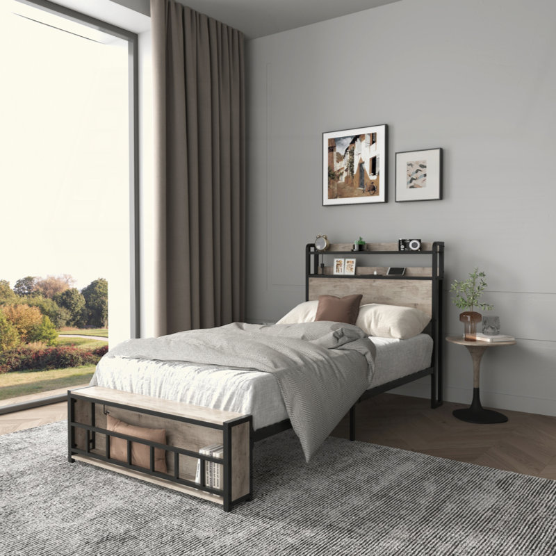Cadres de lit, tête de lit et station de charge et lumière DEL pour la chambre à coucher, solide et stable, sans bruit, aucun sommier nécessaire, assemblage facile