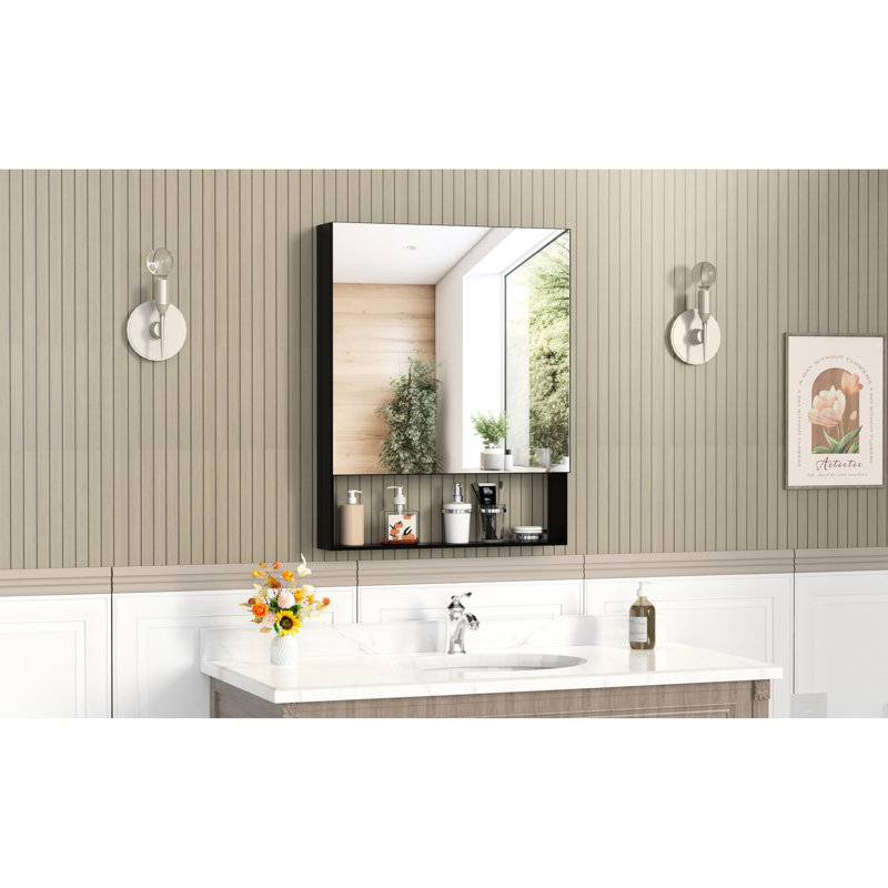 Miroir de rangement pour salle de bain de 30 po de largeur et 24 po de profondeur avec armoire, structure en aluminium, noir, tablettes réglables pour structure d'armoire de toilette, rangement