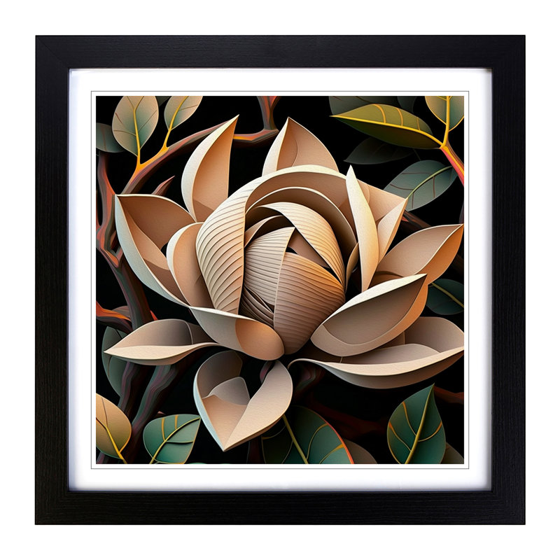 Magnolia Flower Constructivism - Single Picture Frame Print on Wood, Black