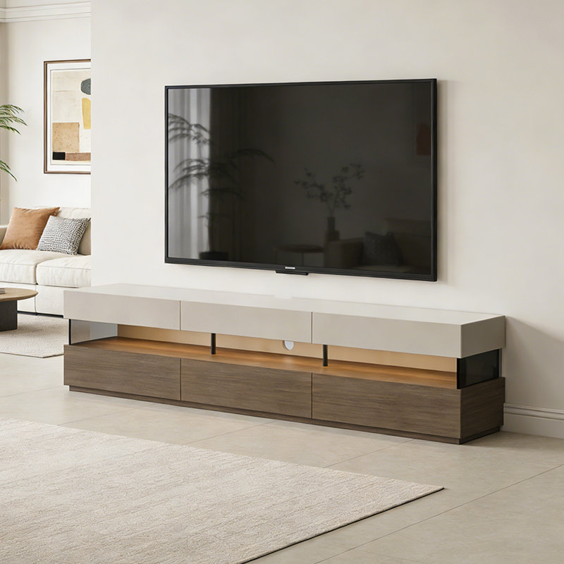 Meuble télé avec rangement Modern Fashion, H 19,68 po x L 86,61 po x l 15,74 po, Off White/Nut Brown
