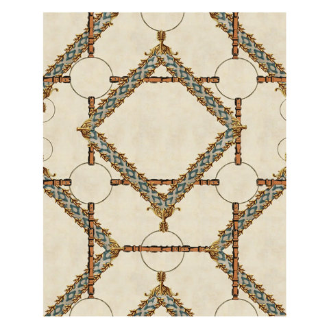 Ornamental tan wallpaper with rings, belts, and gold trim.