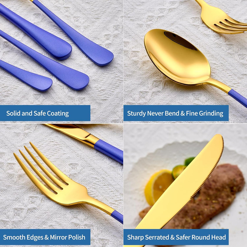 20-Pieces Gold Stainless Steel Blue Handle Flatware Set