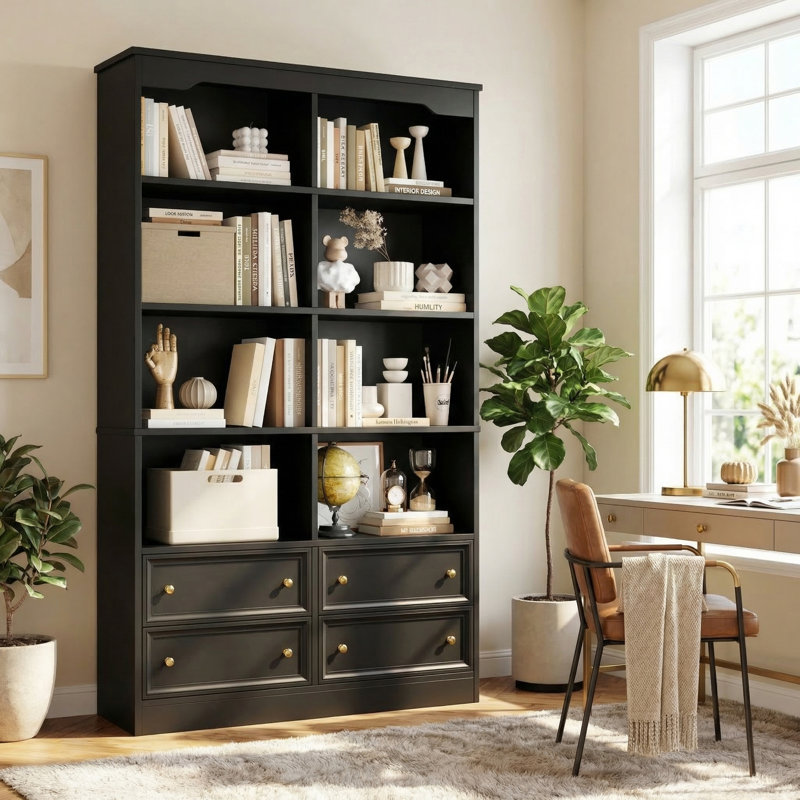 Kirklyn 6-Tier Standard Bookcase with 4 Drawers, Black